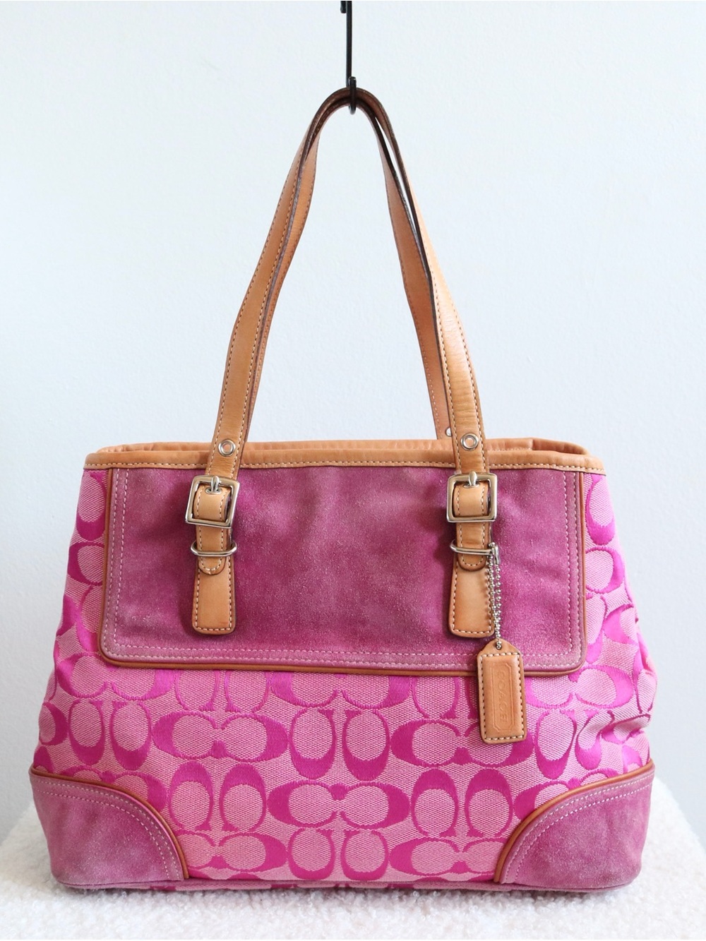 Vintage Coach Hampton Tote Pink Suede & Signature Jacquard